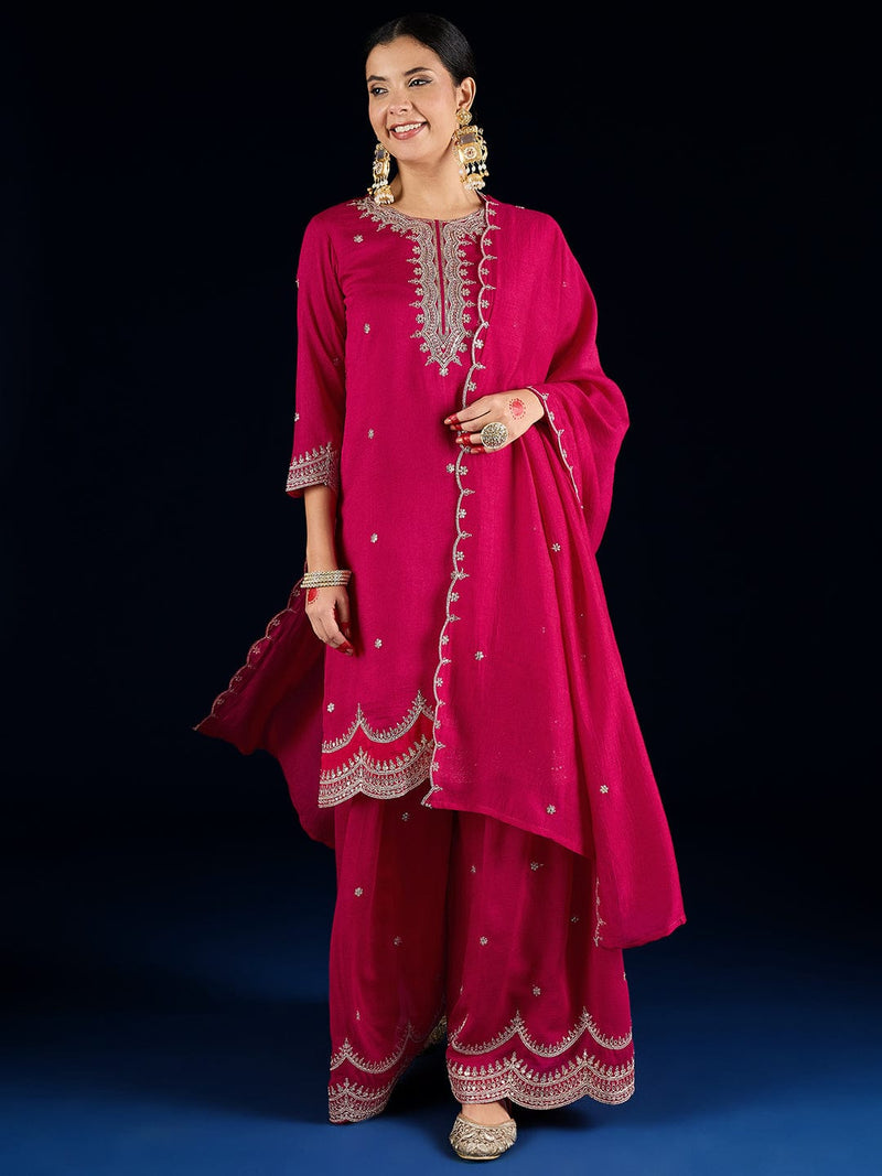 Varanga Fuchsia Straight-Fit Kurta With Zari Embroidery And Scallop Detailing, Paired With Sharara And Dupatta.