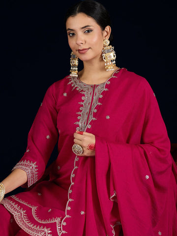 Varanga Fuchsia Straight-Fit Kurta With Zari Embroidery And Scallop Detailing, Paired With Sharara And Dupatta.