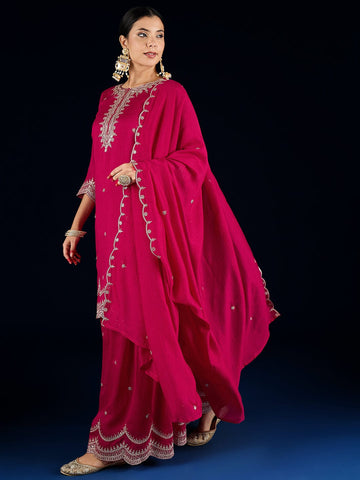 Varanga Fuchsia Straight-Fit Kurta With Zari Embroidery And Scallop Detailing, Paired With Sharara And Dupatta.