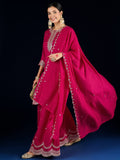 Varanga Fuchsia Straight-Fit Kurta With Zari Embroidery And Scallop Detailing, Paired With Sharara And  Dupatta.