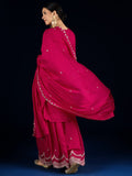 Varanga Fuchsia Straight-Fit Kurta With Zari Embroidery And Scallop Detailing, Paired With Sharara And  Dupatta.