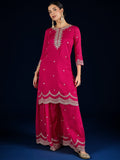 Varanga Fuchsia Straight-Fit Kurta With Zari Embroidery And Scallop Detailing, Paired With Sharara And  Dupatta.