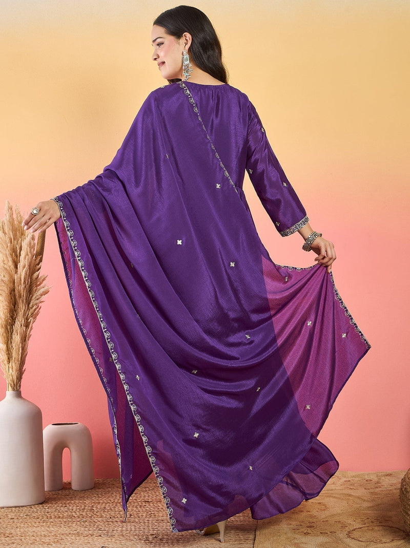 Varanga Anarkali Set Featuring Front-Slit Kurta With Zari-Embroidered Yoke And Border, Paired With A Floor-Length Sharara And A Bordered Dupatta.
