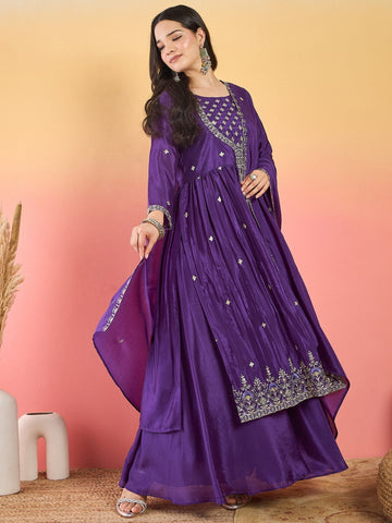 Varanga Anarkali Set Featuring Front-Slit Kurta With Zari-Embroidered Yoke And Border, Paired With A Floor-Length Sharara And A Bordered Dupatta.
