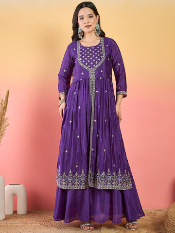 Varanga Anarkali Set Featuring Front-Slit Kurta With Zari-Embroidered Yoke And Border, Paired With A Floor-Length Sharara And A Bordered Dupatta.