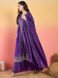 Varanga Anarkali Set Featuring  Front-Slit Kurta With Zari-Embroidered Yoke And Border, Paired With A Floor-Length Sharara And A Bordered Dupatta.