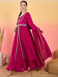 Varanga Fuchsia Anarkali Set Featuring  Front-Slit Kurta With Zari-Embroidered Yoke And Border, Paired With A Floor-Length Sharara And A Bordered Dupatta.
