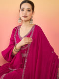 Varanga Fuchsia Anarkali Set Featuring  Front-Slit Kurta With Zari-Embroidered Yoke And Border, Paired With A Floor-Length Sharara And A Bordered Dupatta.