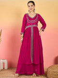 Varanga Fuchsia Anarkali Set Featuring  Front-Slit Kurta With Zari-Embroidered Yoke And Border, Paired With A Floor-Length Sharara And A Bordered Dupatta.
