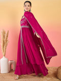 Varanga Fuchsia Anarkali Set Featuring  Front-Slit Kurta With Zari-Embroidered Yoke And Border, Paired With A Floor-Length Sharara And A Bordered Dupatta.