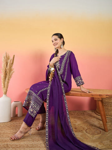 Varanga Kurta With Zari Embroidered Yoke And Border, Paired With Solid Trousers And A Matching Bordered Dupatta.
