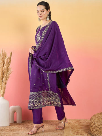 Varanga Kurta With Zari Embroidered Yoke And Border, Paired With Solid Trousers And A Matching Bordered Dupatta.