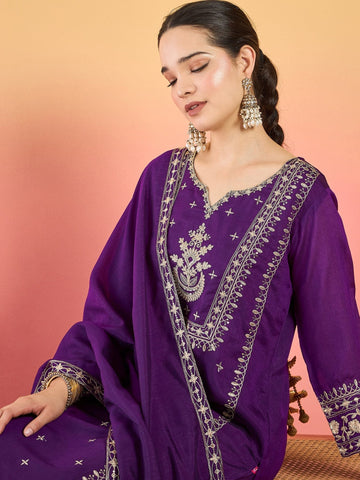 Varanga Kurta With Zari Embroidered Yoke And Border, Paired With Solid Trousers And A Matching Bordered Dupatta.