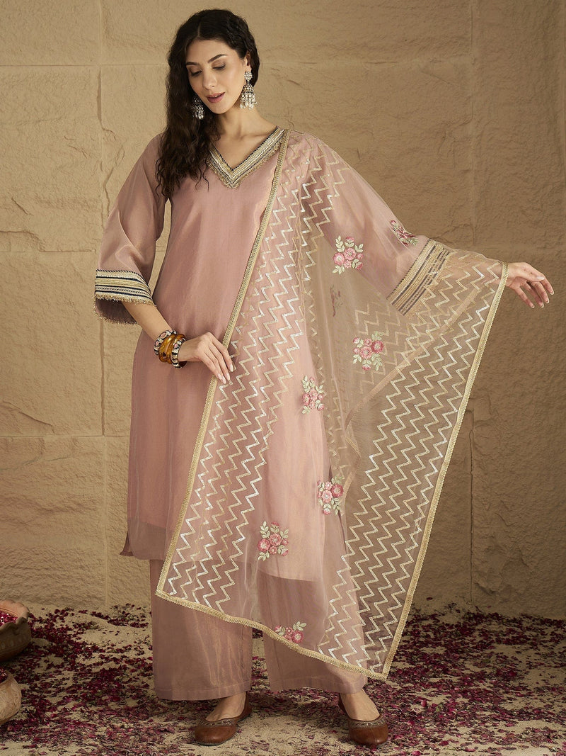 Varanga Women A Graceful Three-Piece Set Featuring A Shimmer Lace-Detailed Kurta, Solid Ankle-Length Trousers, And An Embroidered Net Dupatta.