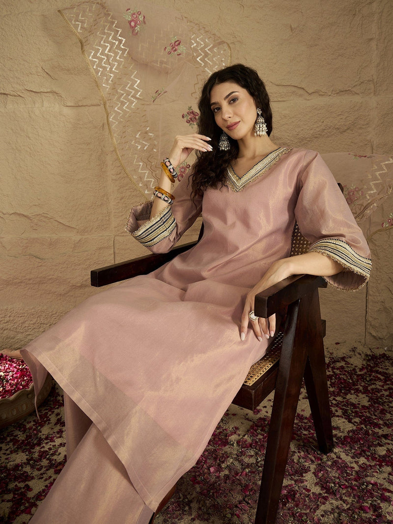 Varanga Women A Graceful Three-Piece Set Featuring A Shimmer Lace-Detailed Kurta, Solid Ankle-Length Trousers, And An Embroidered Net Dupatta.