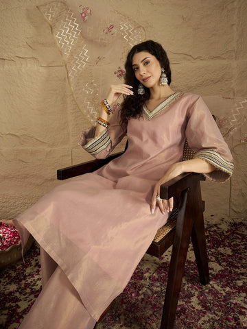 Varanga Women A Graceful Three-Piece Set Featuring A Shimmer Lace-Detailed Kurta, Solid Ankle-Length Trousers, And An Embroidered Net Dupatta.