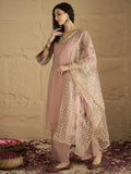 Varanga Women A Graceful Three-Piece Set Featuring A Shimmer Lace-Detailed Kurta, Solid Ankle-Length Trousers, And An Embroidered Net Dupatta.
