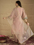 Varanga Women A Graceful Three-Piece Set Featuring A Shimmer Lace-Detailed Kurta, Solid Ankle-Length Trousers, And An Embroidered Net Dupatta.
