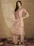 Varanga Women A Graceful Three-Piece Set Featuring A Shimmer Lace-Detailed Kurta, Solid Ankle-Length Trousers, And An Embroidered Net Dupatta.