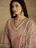 Varanga Women A Graceful Three-Piece Set Featuring A Shimmer Lace-Detailed Kurta, Solid Ankle-Length Trousers, And An Embroidered Net Dupatta.