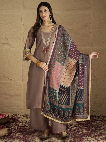 Varanga Women Chic Brown Shimmer Kurta Set With Lace Detailing, Paired With Solid Ankle-Length Trousers And Printed Dupatta .