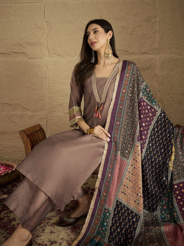 Varanga Women Chic Brown Shimmer Kurta Set With Lace Detailing, Paired With Solid Ankle-Length Trousers And Printed Dupatta .