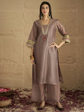 Varanga Women Chic Brown Shimmer Kurta Set With Lace Detailing, Paired With Solid Ankle-Length Trousers And Printed Dupatta .