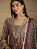 Varanga Women Chic Brown Shimmer Kurta Set With Lace Detailing, Paired With Solid Ankle-Length Trousers And Printed Dupatta .