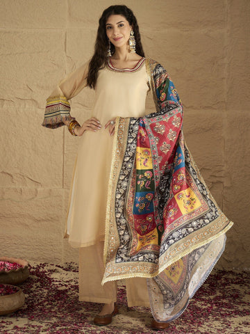 Varanga Women Elegant Beige Shimmer Kurta Set With Intricate Lace Detailing, Paired With Solid Trousers And Patola Printed Dupatta