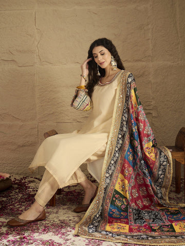 Varanga Women Elegant Beige Shimmer Kurta Set With Intricate Lace Detailing, Paired With Solid Trousers And Patola Printed Dupatta