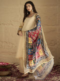 Varanga Women Elegant Beige Shimmer Kurta Set With Intricate Lace Detailing, Paired With Solid Trousers And  Patola Printed Dupatta