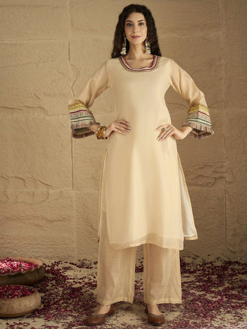 Varanga Women Elegant Beige Shimmer Kurta Set With Intricate Lace Detailing, Paired With Solid Trousers And Patola Printed Dupatta