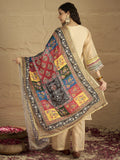 Varanga Women Elegant Beige Shimmer Kurta Set With Intricate Lace Detailing, Paired With Solid Trousers And  Patola Printed Dupatta