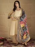 Varanga Women Elegant Beige Shimmer Kurta Set With Intricate Lace Detailing, Paired With Solid Trousers And  Patola Printed Dupatta