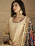 Varanga Women Elegant Beige Shimmer Kurta Set With Intricate Lace Detailing, Paired With Solid Trousers And  Patola Printed Dupatta