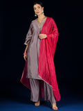 Varanga V Neck  Kurta With Lace Detailing, Paired With Solid Trousers And A Contrasting Fuchsia Dupatta.
