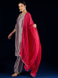 Varanga V Neck  Kurta With Lace Detailing, Paired With Solid Trousers And A Contrasting Fuchsia Dupatta.