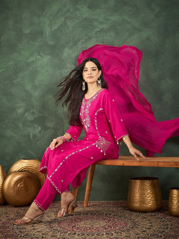 Varanga Kurta Embellished With Beads And Stones, Paired Trousers And A Matching Bordered Dupatta .