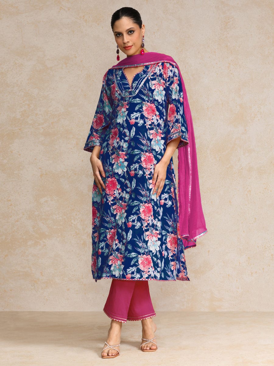 Varanga Women Floral Printed Boho Look Flared Sleeve Kurta With Trouser & Dupatta