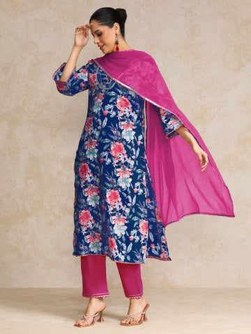 Varanga Women Floral Printed Boho Look Flared Sleeve Kurta With Trouser & Dupatta