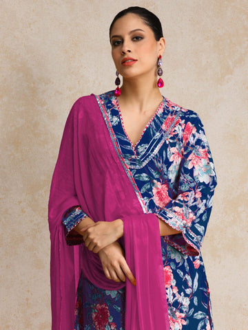 Varanga Women Floral Printed Boho Look Flared Sleeve Kurta With Trouser & Dupatta