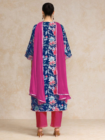 Varanga Women Floral Printed Boho Look Flared Sleeve Kurta With Trouser & Dupatta