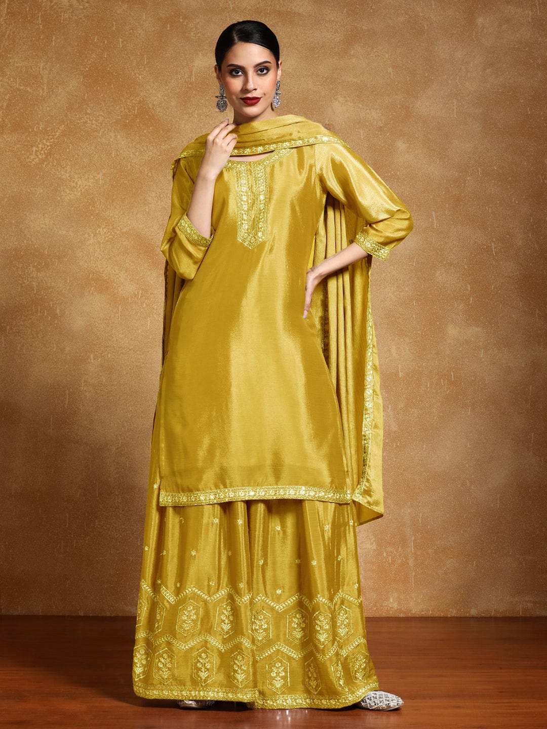 Varanga Women-Bead Work Kurta With Sharara And Dupatta