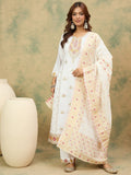 varanga Women Elegant White Ethnic 3-Piece Suit Set With Woven Kurta, Straight Pants, And A Rich Brocade Dupatta.