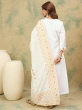 varanga Women Elegant White Ethnic 3-Piece Suit Set With Woven Kurta, Straight Pants, And A Rich Brocade Dupatta.