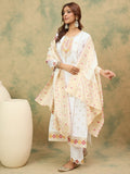 varanga Women Elegant White Ethnic 3-Piece Suit Set With Woven Kurta, Straight Pants, And A Rich Brocade Dupatta.