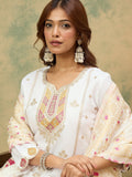 varanga Women Elegant White Ethnic 3-Piece Suit Set With Woven Kurta, Straight Pants, And A Rich Brocade Dupatta.