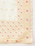 varanga Women Elegant White Ethnic 3-Piece Suit Set With Woven Kurta, Straight Pants, And A Rich Brocade Dupatta.