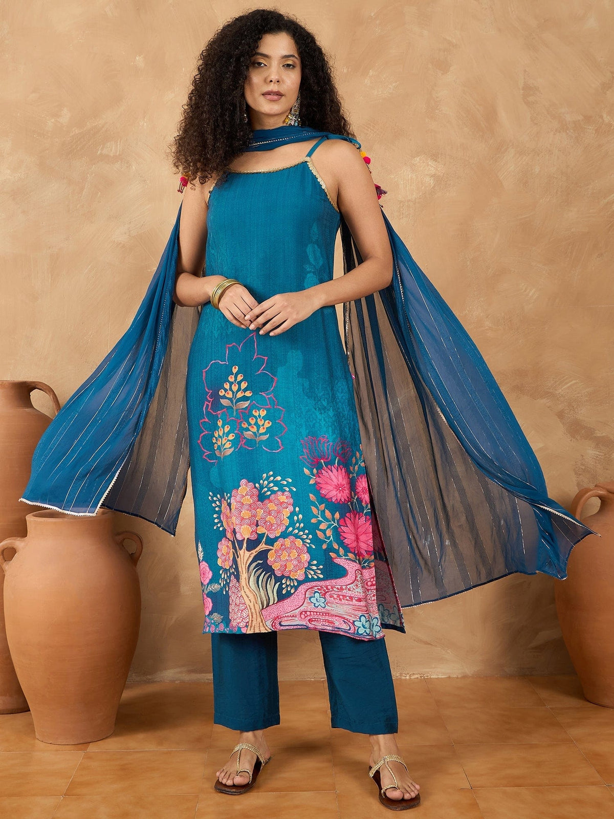 Varanga Women Spaghetti Tie Up Strap Straight Floral Kurta With Trousers And Dupatta