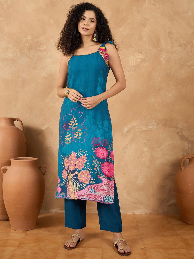 Varanga Women Spaghetti Tie Up Strap Straight Floral Kurta With Trousers And Dupatta